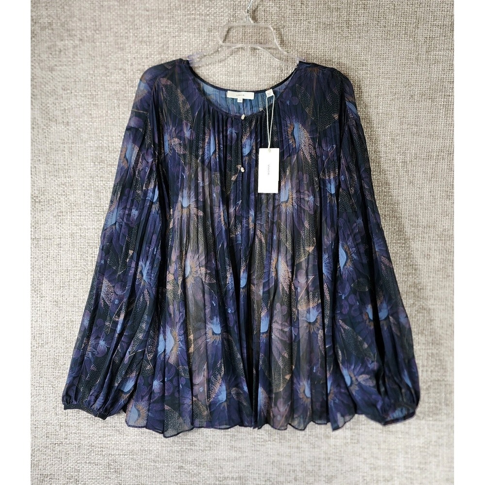Vince‎ Deco Pleated Sheer Blouse w Cami Womens 3XL Navy Floral NEW $375